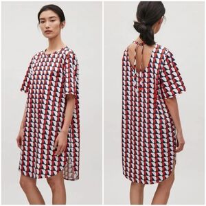 COS, New, Red White Navy Oversized Printed Poplin Shirt Shift Dress, Size 8